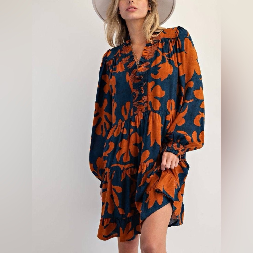 Abstract Floral Printed Tiered Dress